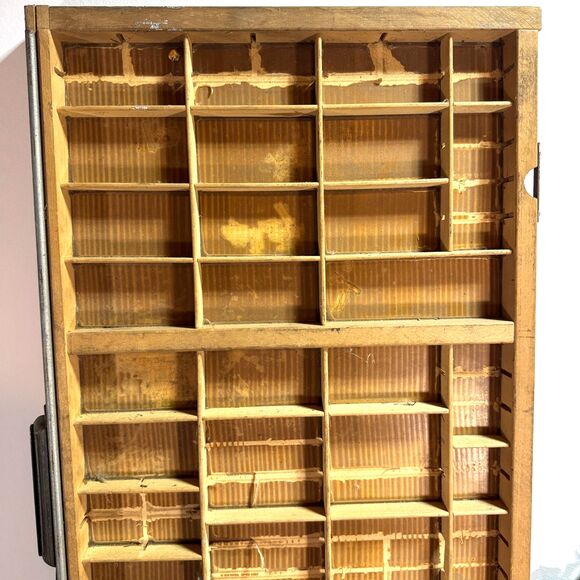 Antique Printers Tray Type Case Old Wooden Drawer Vintage Miniatures Shelf 16x32 - Picture 3 of 6